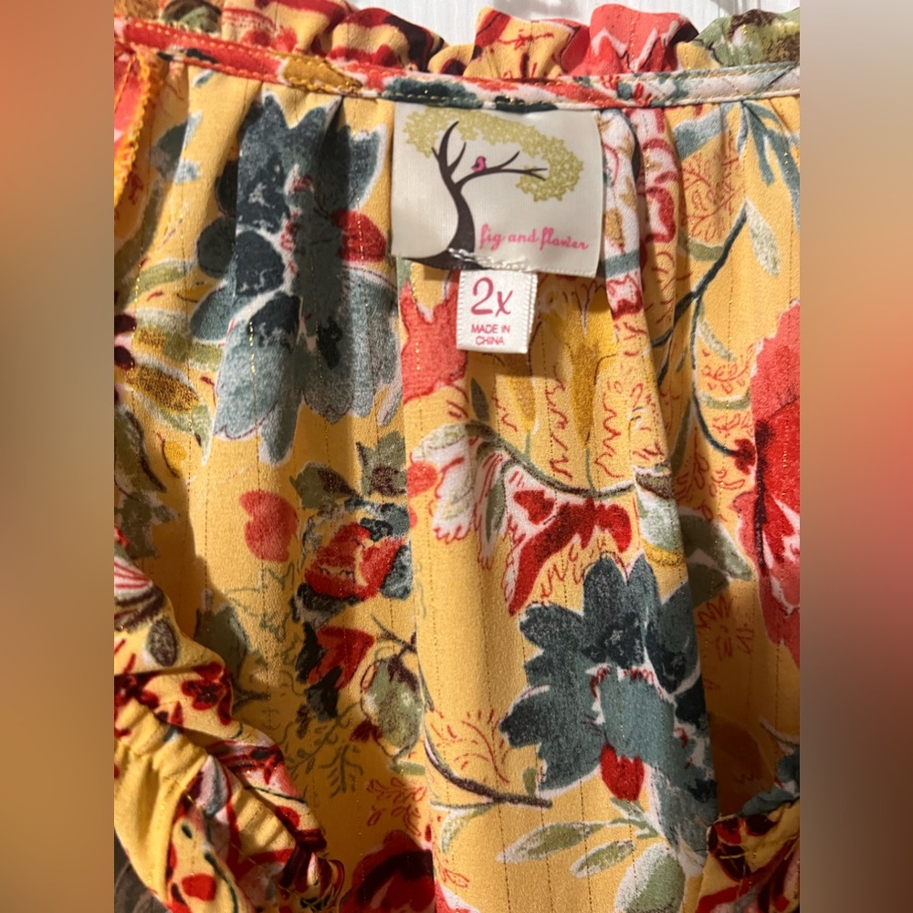 fig and flower Yellow Floral Boho Blouse with Red and Green Accents - Picture 2 of 7